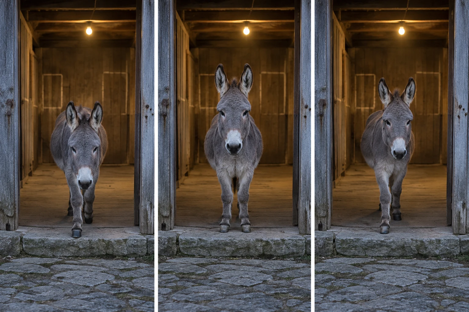 A three-panel sequence shows a grey donkey facing the camera in a weathered stable doorway: it steps forward in the left and right panels and stands with…