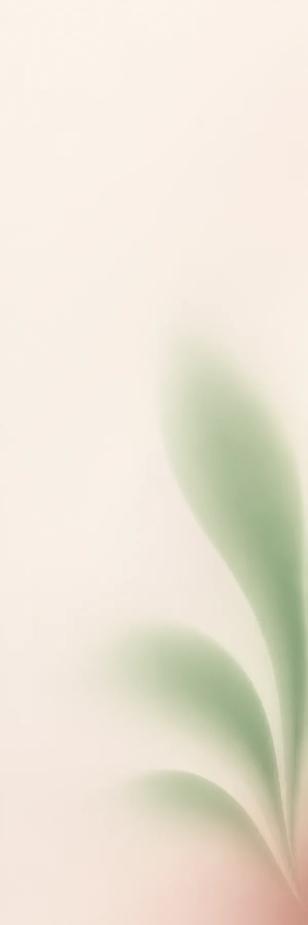 Three softly blended sage-green tapered curves fan upward from the lower-right edge against a warm pearl background, with a faint pink tint near the base and…