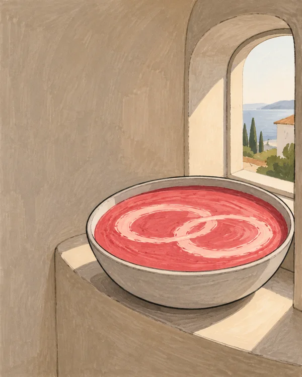 A very wide pale stone bowl filled with coral-red smoothie and two connected cream swirls sits on a curved stone sill beneath an arched window, with hills…