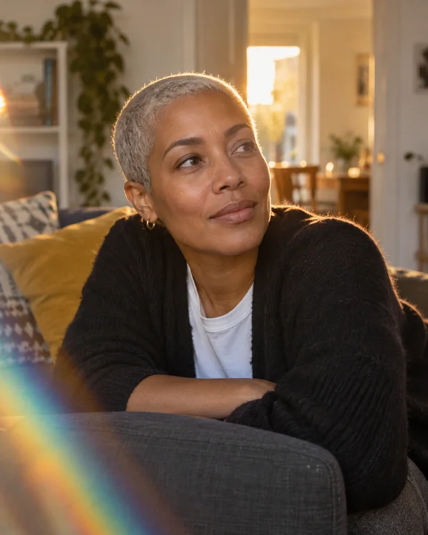 A woman with short silver hair and a black cardigan over a white T-shirt leans across the arm of a charcoal sofa, looking toward the right in a warmly lit…