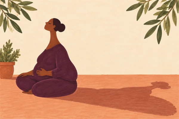 A hand-drawn marker-style illustration of a person with warm brown skin and deep plum clothing sitting cross-legged in left-facing profile on an apricot patio.