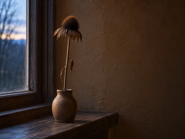 A dried coneflower with a domed brown seed head stands in a small unglazed ceramic vessel on a dark wooden windowsill, beside a narrow window with a blue-hour…