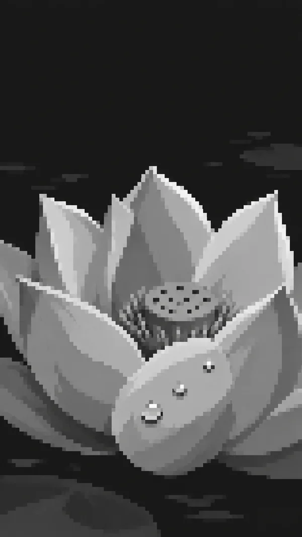 A large grayscale pixel-art lotus in close-up, with pointed overlapping petals surrounding a dotted seedpod and three bright droplets on a front petal; dark…