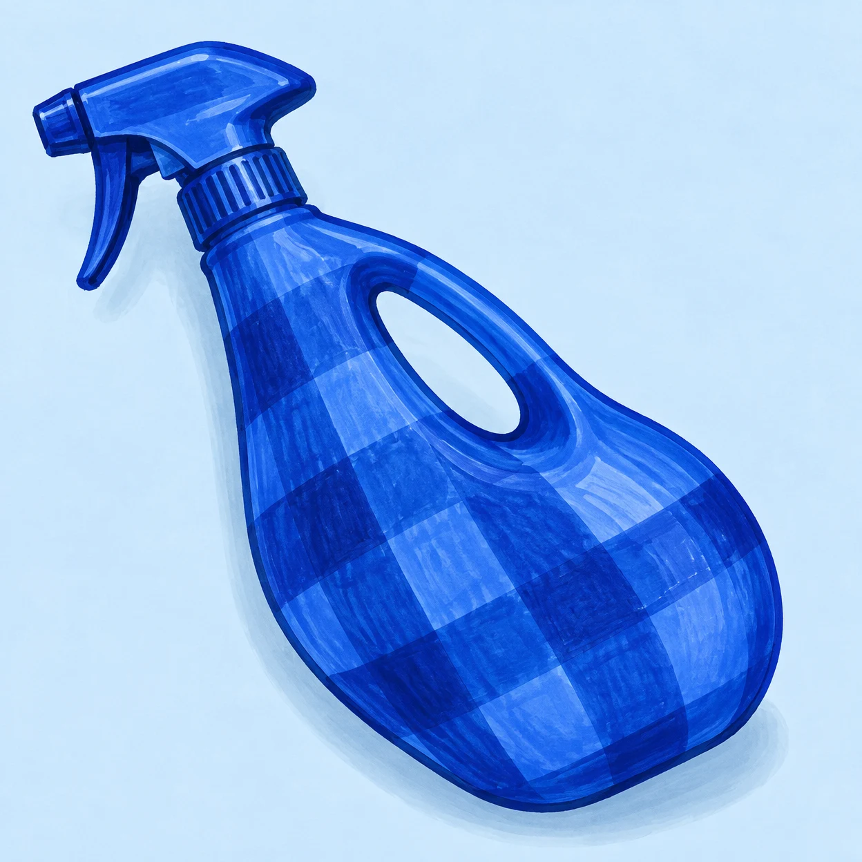 A cobalt-blue hand-drawn cleaning spray bottle lies diagonally on a pale blue background, with its trigger nozzle at the upper left, a large oval grip opening…