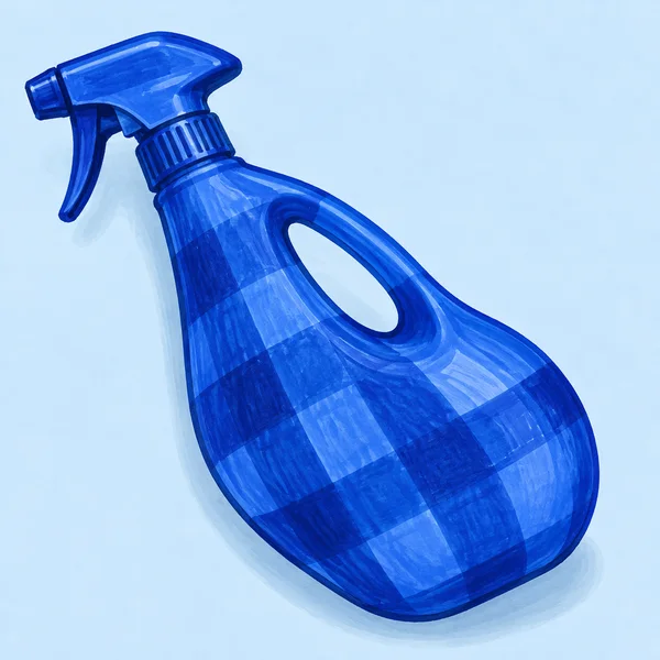 A cobalt-blue hand-drawn cleaning spray bottle lies diagonally on a pale blue background, with its trigger nozzle at the upper left, a large oval grip opening…