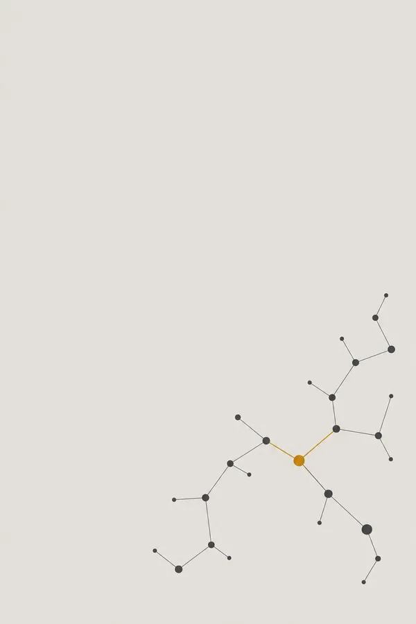 A sparse network of dark round nodes and fine straight lines sits across the lower-right area of a pale grey field, with one amber node and two amber links…
