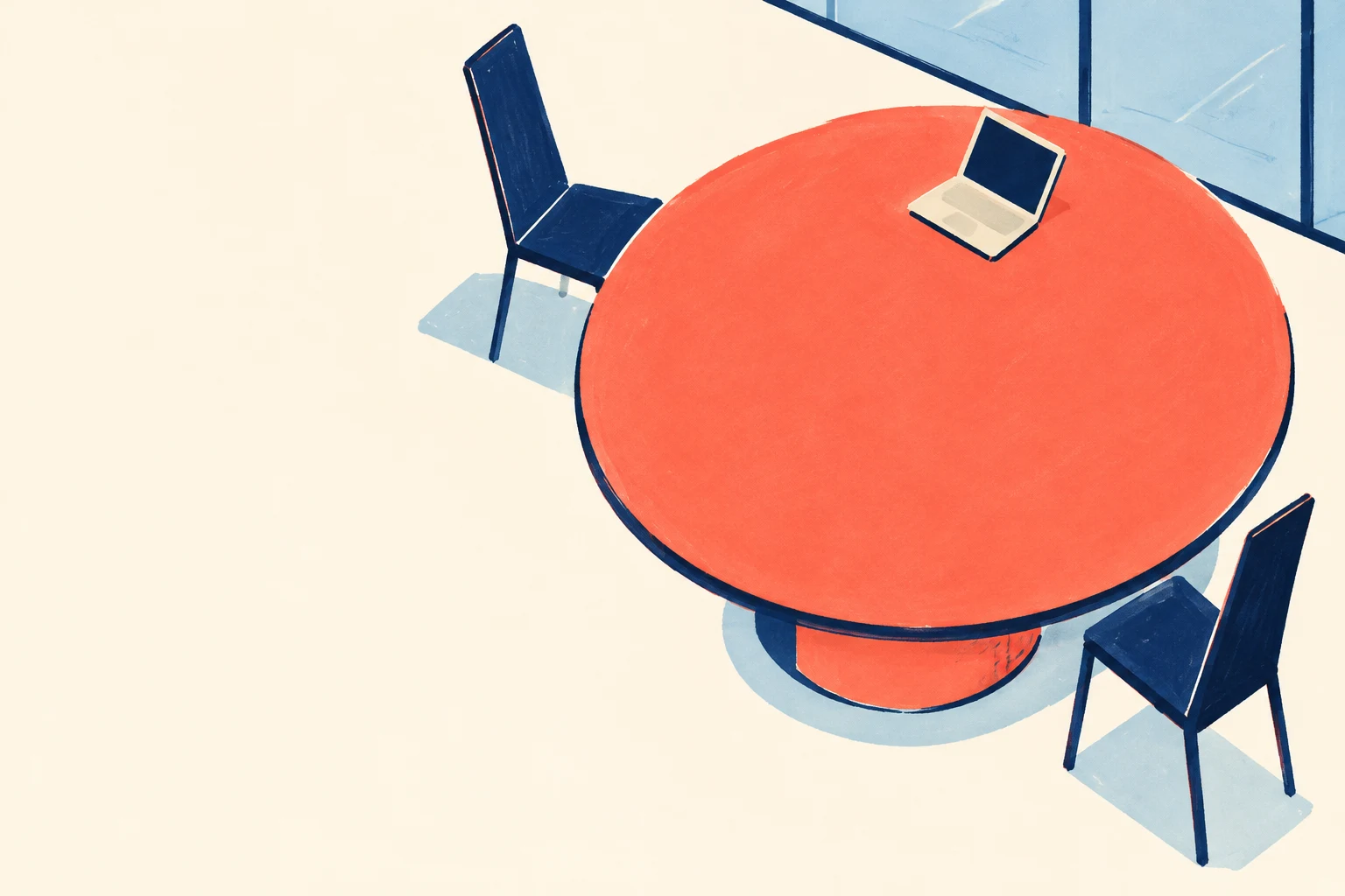A steep bird’s-eye illustration of a large coral round table with two navy chairs and a small open cream laptop in a pale office nook; empty ivory floor fills…