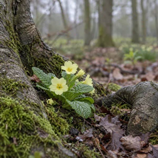 A pale yellow primrose with several flowers and crinkled green leaves grows in moss between two gnarled tree roots on a leaf-strewn woodland floor.