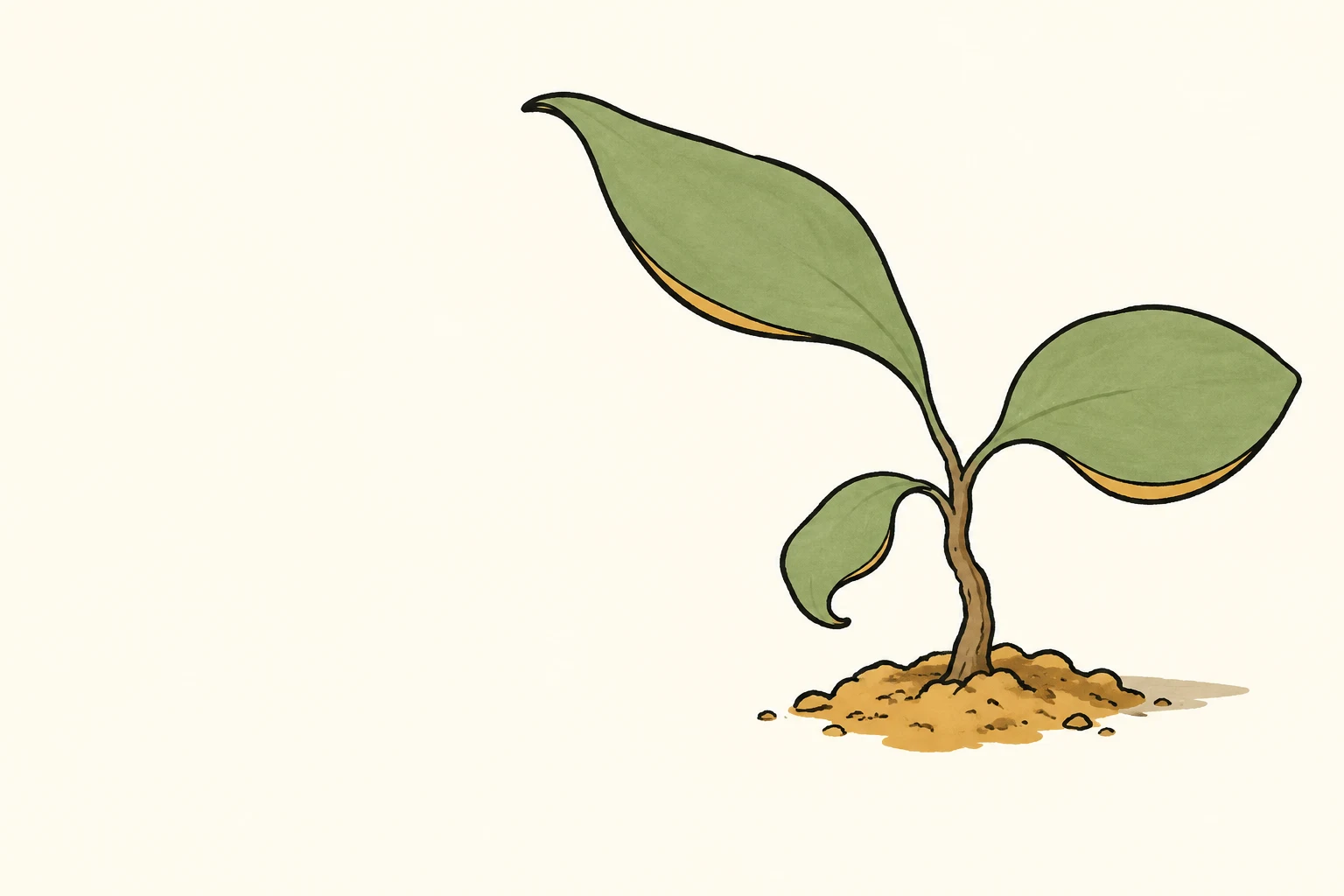 A hand-drawn illustration of a young sapling with three oversized green leaves, rooted in an ochre soil patch on a warm ivory background with open space to the…