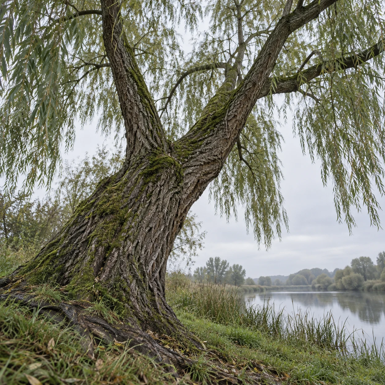 A mature, moss-covered willow leans over a grassy riverbank, its deeply furrowed grey-brown trunk and forked limbs filling the foreground.