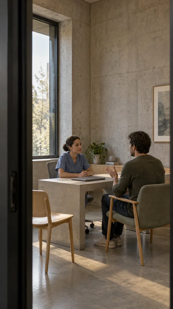 Viewed past a dark doorway jamb, a clinician in muted-blue scrubs speaks with a casually dressed patient across a concrete desk in a softly lit consultation…