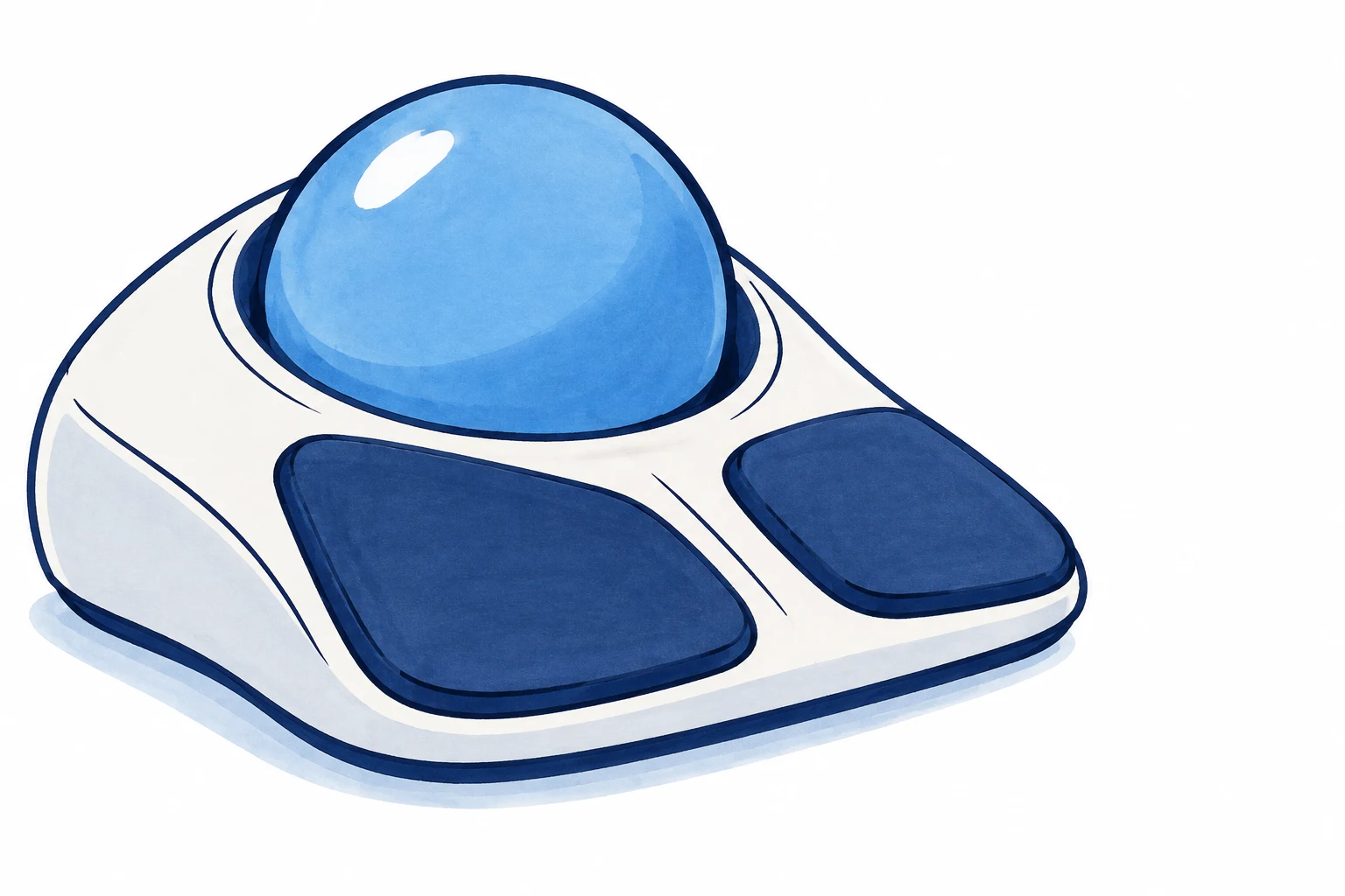 A stylized ink-and-marker illustration of a white desktop trackball controller with a large blue ball and two navy pads, resting on a white surface with a…
