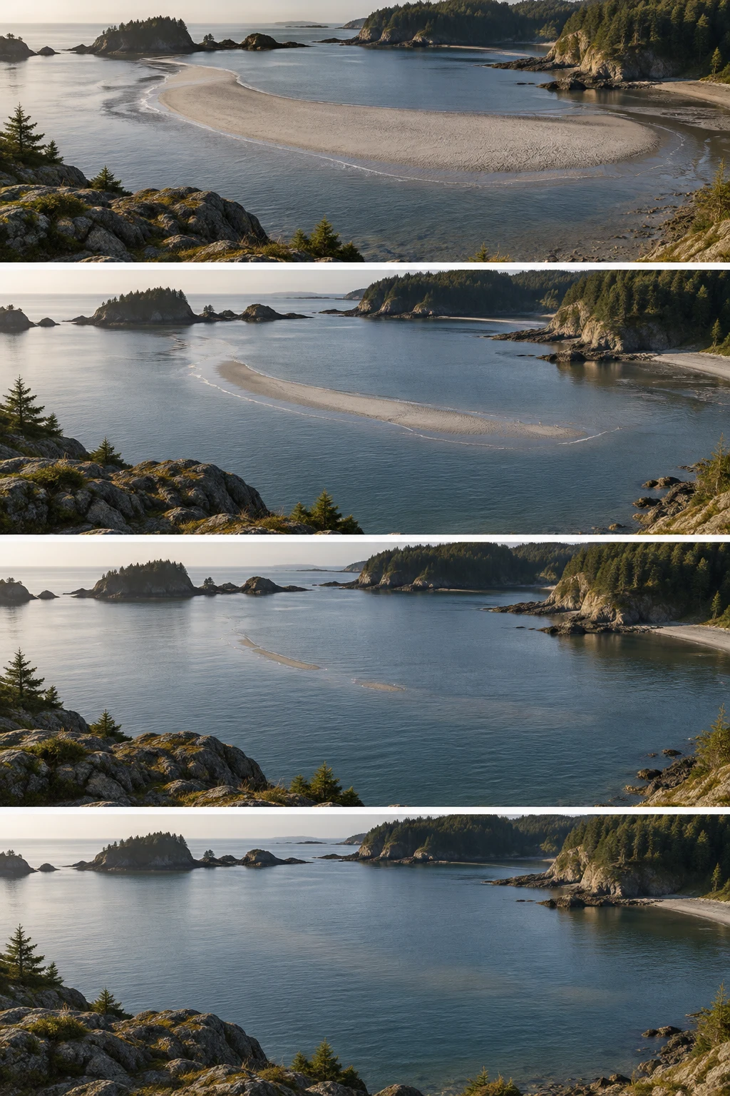 Four stacked views of a sheltered coastal inlet show a pale crescent sandbar shrinking from a broad arc to small broken remnants before disappearing beneath…