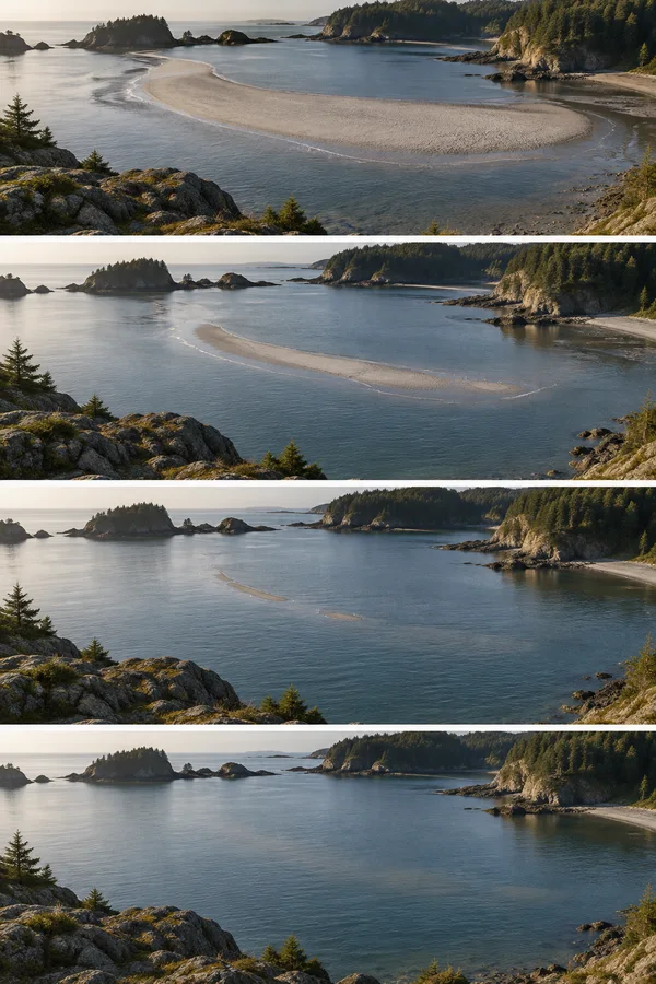 Four stacked views of a sheltered coastal inlet show a pale crescent sandbar shrinking from a broad arc to small broken remnants before disappearing beneath…