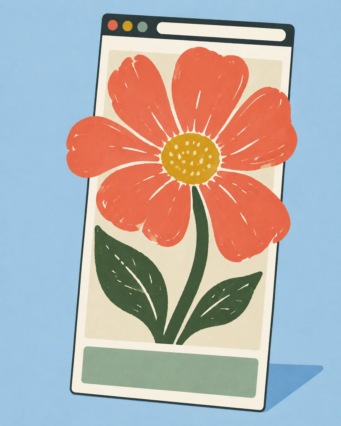 A tall, slightly tilted cream browser page sits against a pale blue background, showing an oversized coral flower with a mustard centre, curved green stem and…