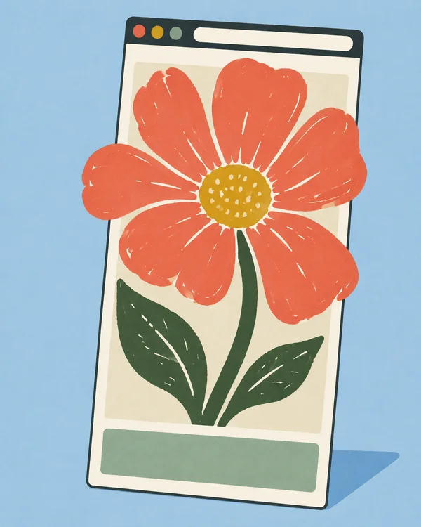 A tall, slightly tilted cream browser page sits against a pale blue background, showing an oversized coral flower with a mustard centre, curved green stem and…