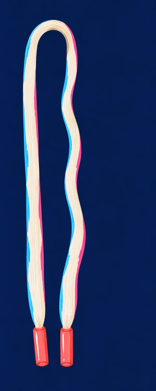 A long cream shoelace forms a tall inverted U on a dark navy background, with one nearly straight side, one wavering side, and two coral aglets near the bottom.