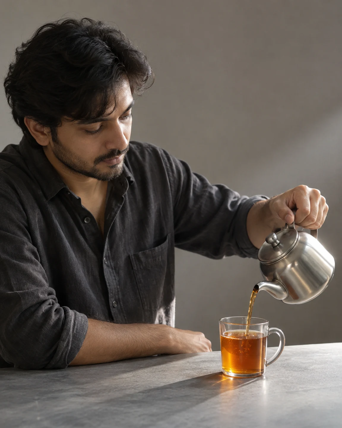 An adult with dark wavy hair and a short beard, wearing a charcoal shirt, pours amber tea from a stainless-steel teapot into a clear handled glass mug on a…