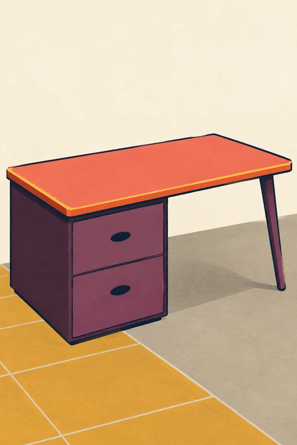 A coral tabletop desk with two dark-pulled drawers on a squat aubergine pedestal at left and a thin splayed leg at right, set against a pale cream background…