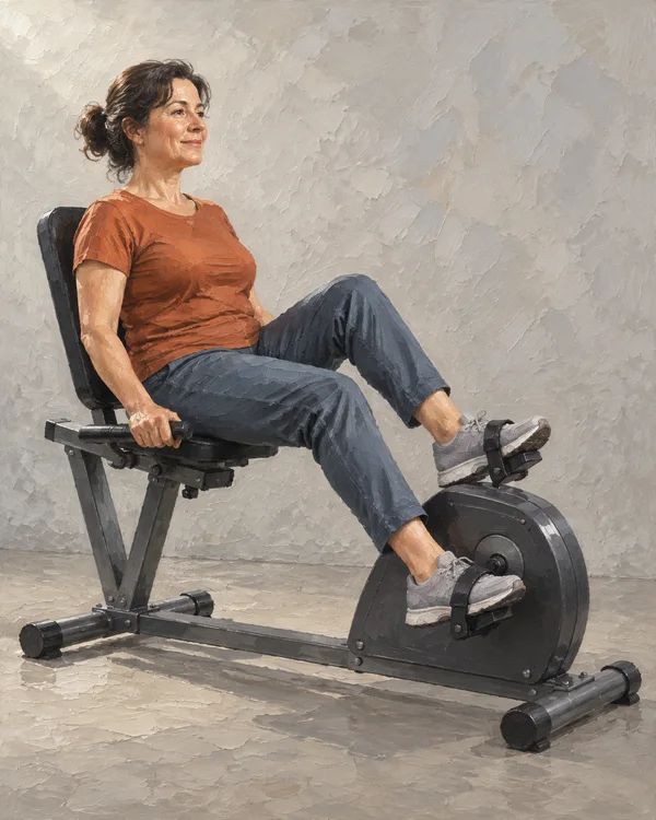 A woman in a burnt-orange shirt and slate-blue trousers sits on a charcoal recumbent exercise bike against a pale textured wall, with both feet on the pedals…