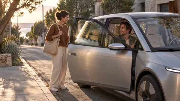 A woman with a large canvas shoulder bag smiles at a man seated in a silver car with its front passenger door open.
