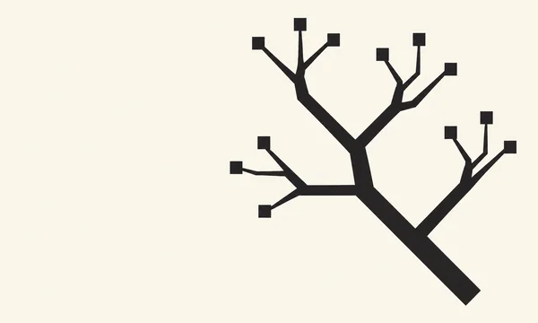 A branching graphite-black geometric silhouette with square endpoints spreads across the right side of a warm ivory field, leaving broad empty space on the…