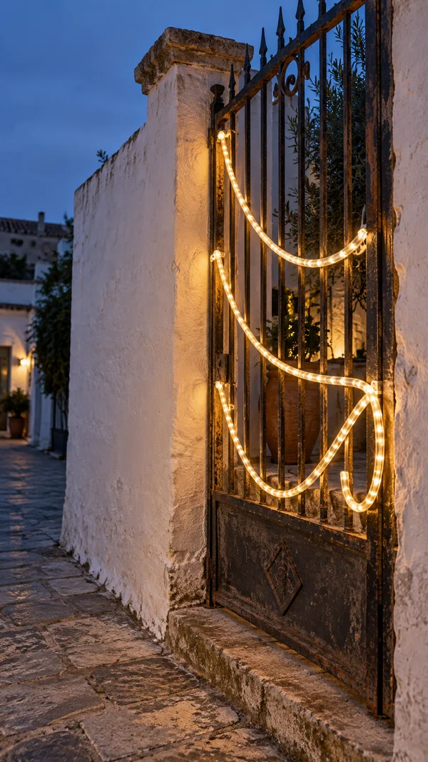 A warm glowing rope light is threaded through a weathered iron gate beside a white plaster wall, with stone paving and a quiet lane visible at blue hour.