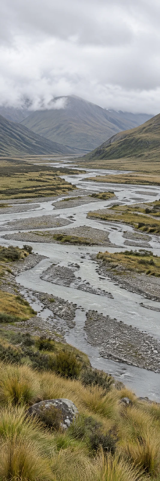A braided river spreads through shallow silver-grey channels and pale gravel bars in a broad upland valley, with tussock grass and stones in the foreground…