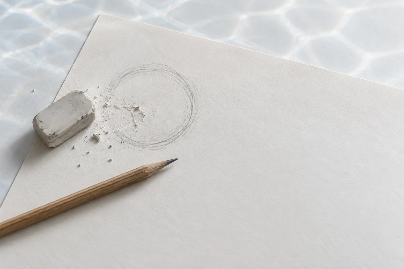 An overhead view of an off-white drawing sheet on a pale worktable, with a repeatedly sketched graphite circle, a rubbed and torn patch, a worn white eraser…