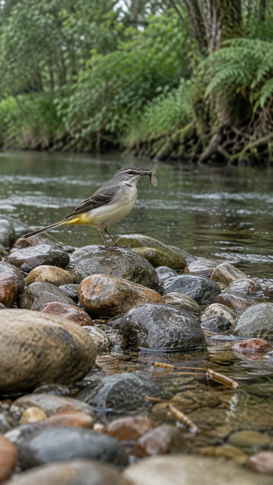 A grey-and-yellow wagtail stands on a wet river pebble holding a winged insect in its bill.