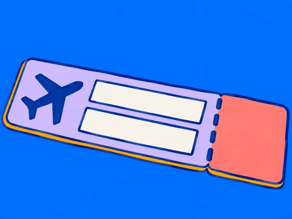 A long pale-lavender boarding pass lies diagonally across a cobalt-blue background, with a coral-pink detachable stub, a dark-blue airplane pictogram, two…