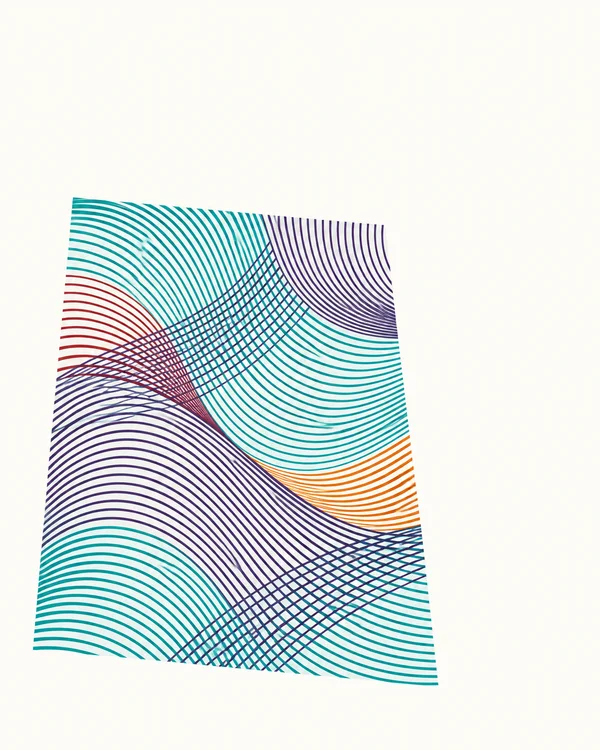 A skewed quadrilateral filled with curved turquoise, deep purple, red and orange lines sits below centre on a warm-white background, with broad empty space…