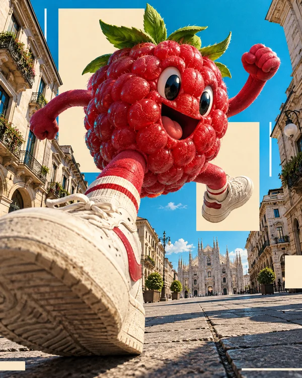 A smiling raspberry character in cream sneakers leaps above a stone-paved Milan street, with the cathedral and old-town facades beneath a bright cyan sky.