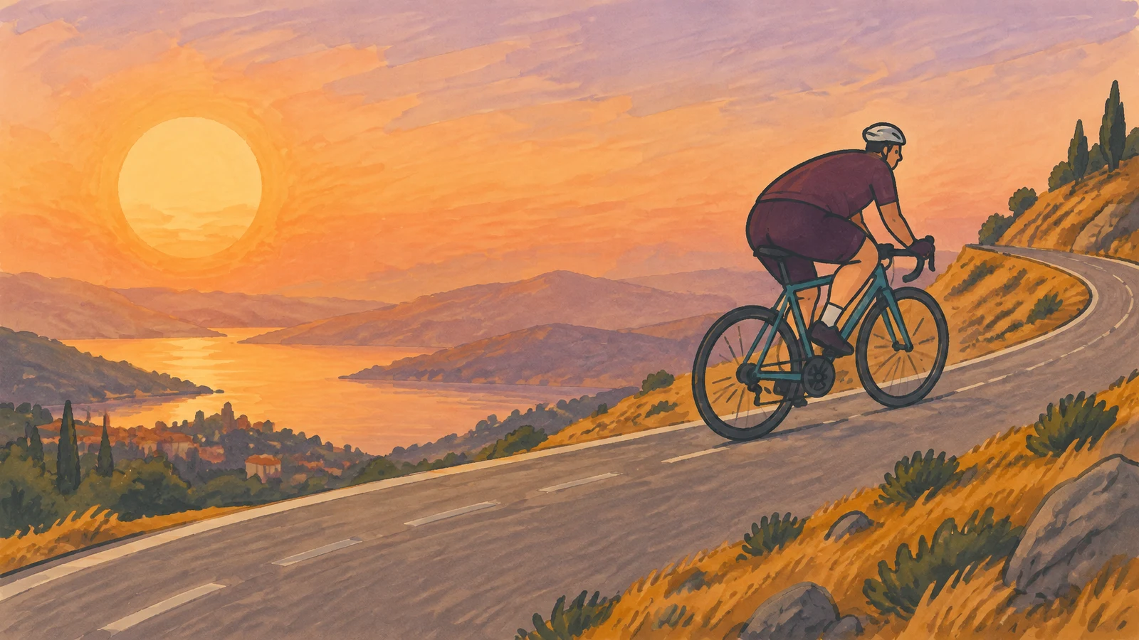 A helmeted cyclist in plum clothing rides a teal bicycle uphill on a curving road across an ochre hillside, with a large amber sun above distant water and…