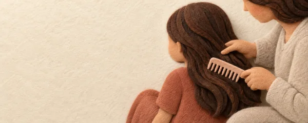 A seated child in a terracotta top is shown from the side and back while a cropped adult gently combs the child’s dark brown hair against a warm cream…
