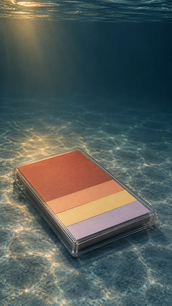 A transparent rectangular case containing terracotta, peach, yellow and lavender paper rests diagonally on an illuminated underwater floor, with open blue…