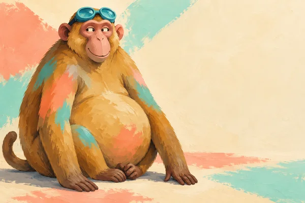 A seated ochre macaque with a large rounded torso, long arms, tucked feet, and a short curled tail wears turquoise swim goggles on its forehead.