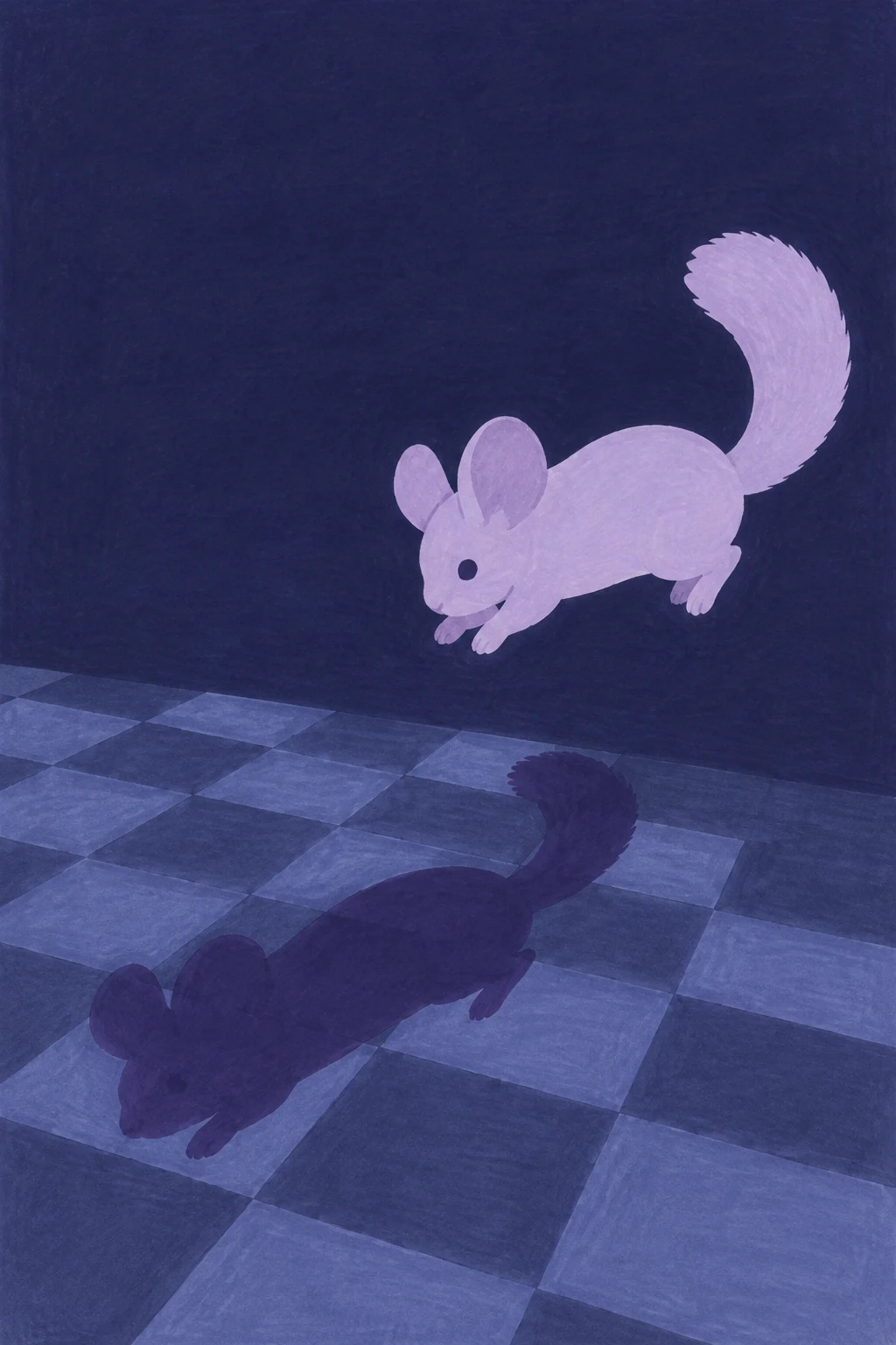 A pale lavender chinchilla-like animal leaps above a midnight-indigo checkerboard floor, with a large dark-purple shadow stretching diagonally toward the lower…