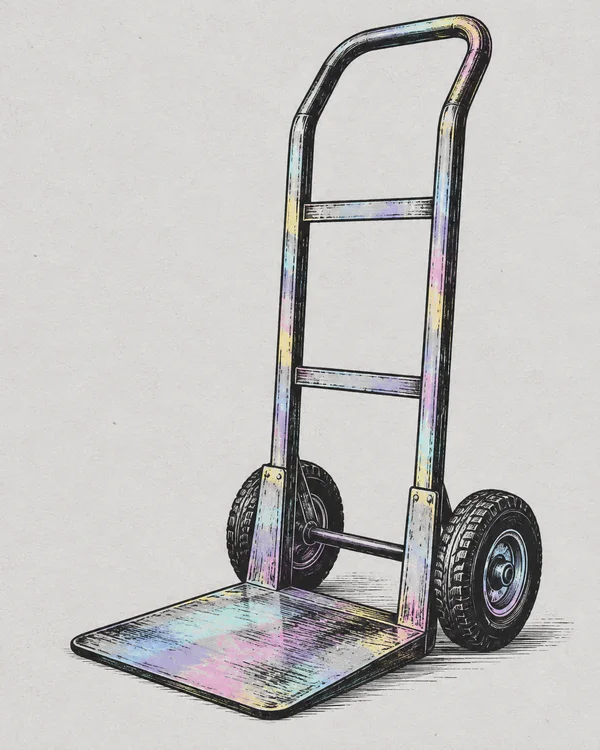 A tall industrial hand truck in three-quarter view, with a curved tubular handle, two treaded wheels, and a broad loading plate projecting toward the lower…