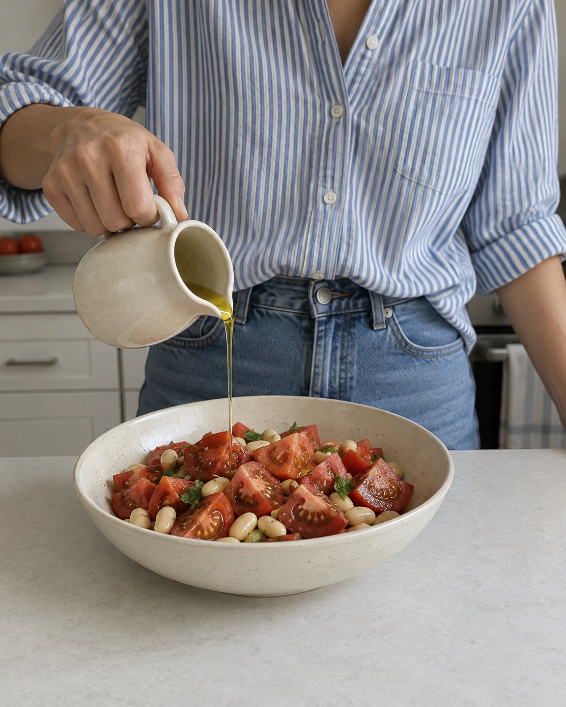 A cropped person in a blue-and-white striped shirt pours olive oil from a pale ceramic jug into a cream bowl of cut tomatoes and white beans on a kitchen…