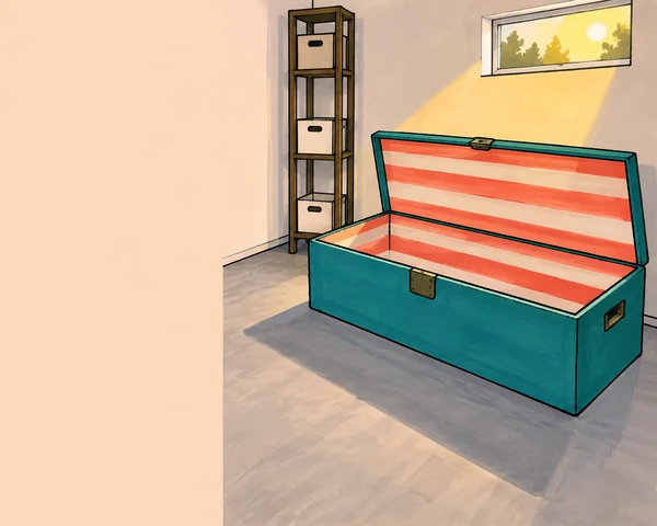 An open, wide teal storage chest with coral-and-cream striped interior sits on a gray floor in a sunlit room corner.