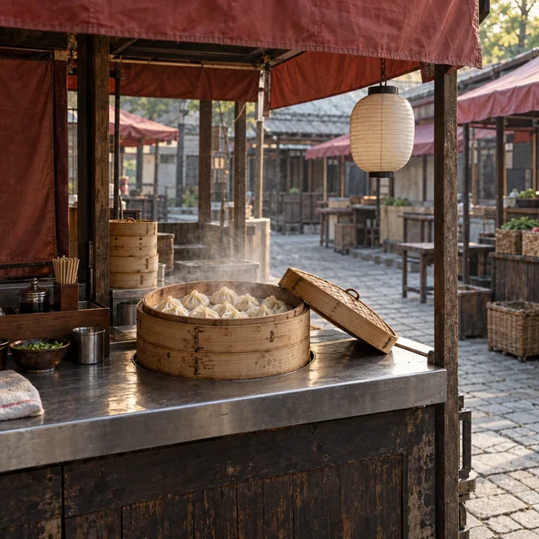 An open bamboo steamer filled with dumplings sits on a stainless-steel counter beneath a faded red market canopy, with its lid beside it and steam rising.