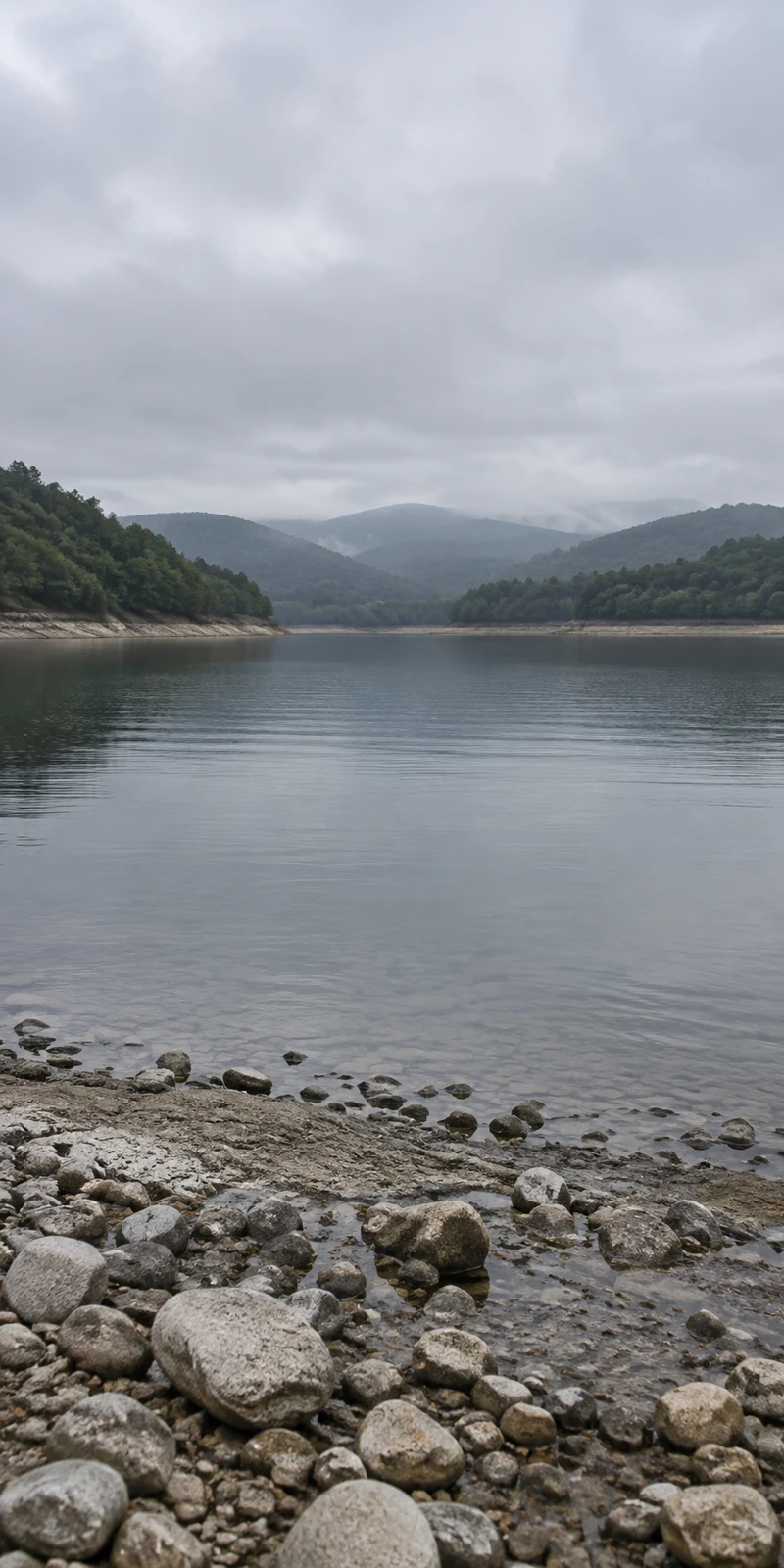 A calm reservoir viewed across a rocky shore, with pale stones in the foreground, still grey water, wooded hills fading into mist and a broad overcast sky.