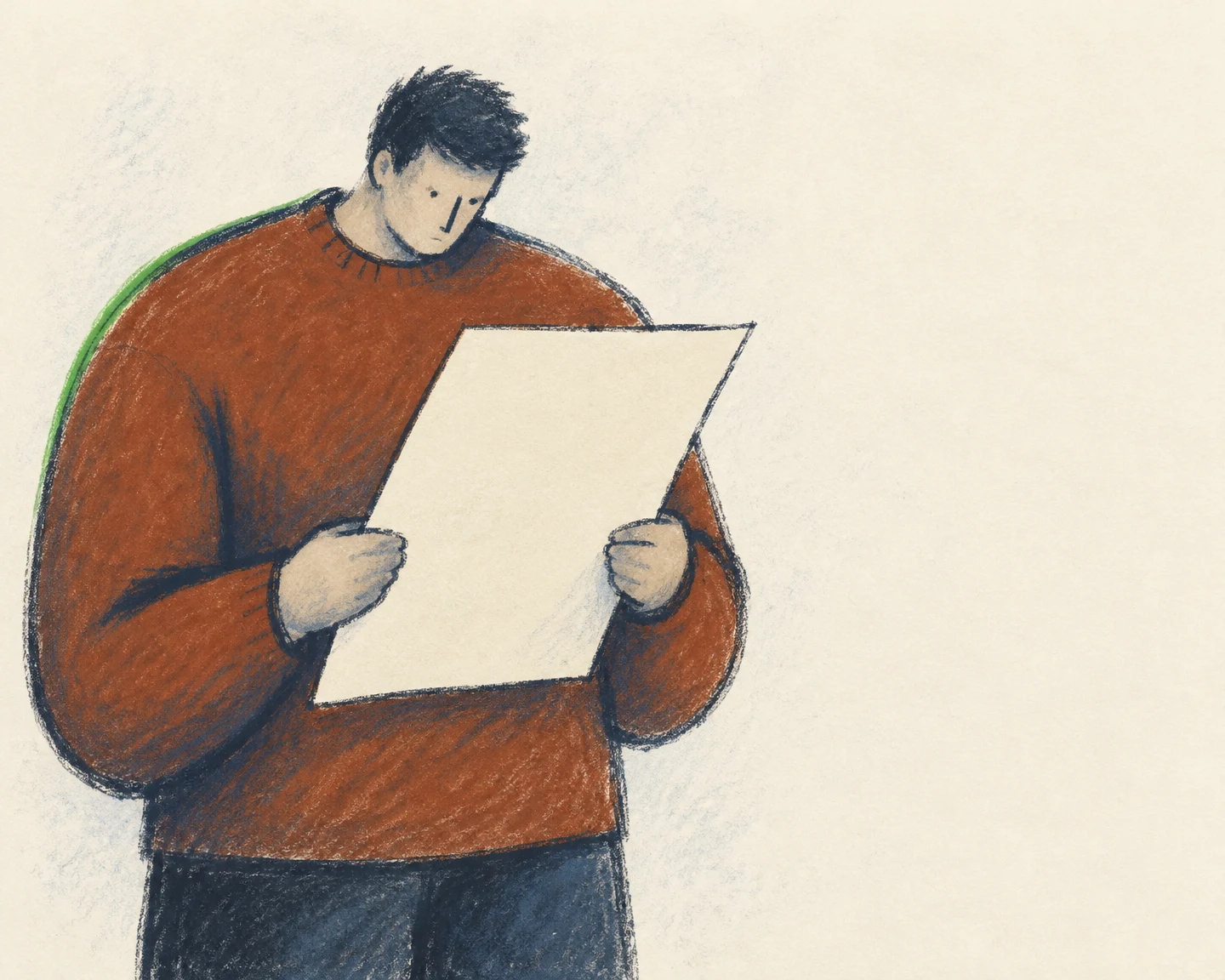 A person in a rust-colored sweater holds and studies a large blank cream sheet, with their head bowed.
