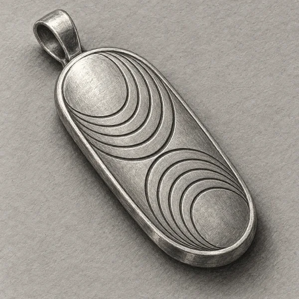 A hand-drawn silver-gray pendant lies diagonally on textured gray paper.