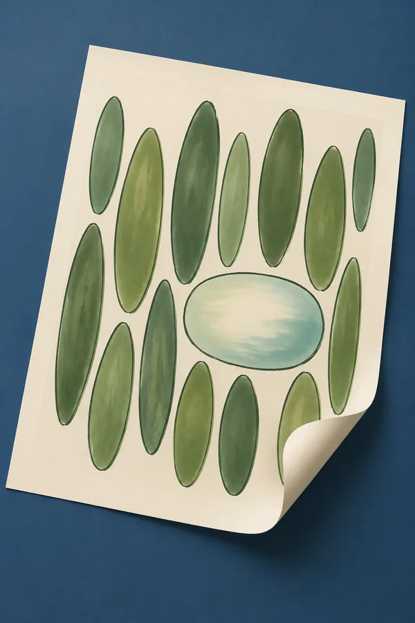 An ivory paper print lies diagonally on a deep-blue surface, showing a repeating pattern of green elongated ovals and one broad pale-teal oval; its lower-right…