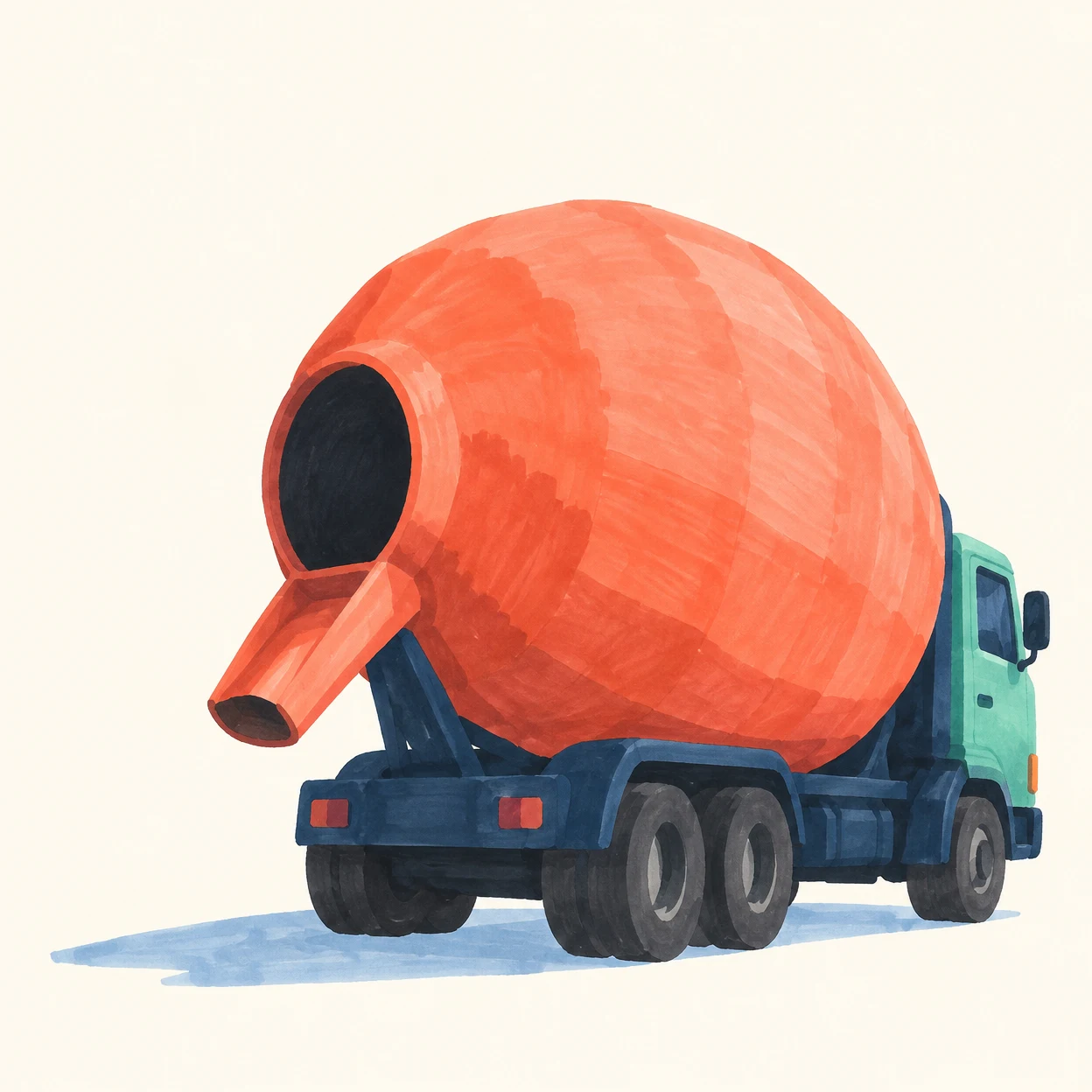 A low-angle hand-drawn illustration of a cement mixer truck, with an oversized coral drum, dark rear opening and chute, navy chassis, charcoal wheels, and a…