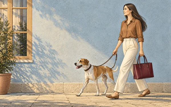 An illustrated woman with long dark-brown hair walks left beside a short-haired brown-and-white dog, holding its leash and carrying a burgundy tote.
