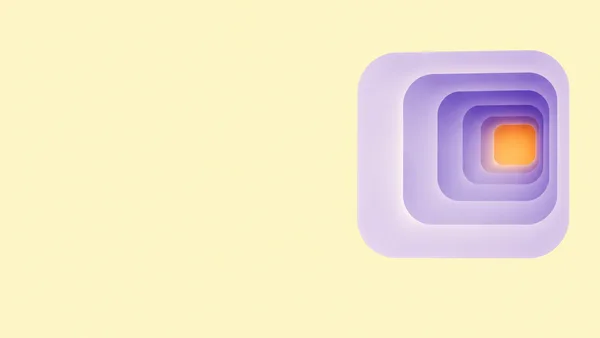 A compact tunnel of nested rounded-square lavender bands recedes toward a glowing orange center in the upper-right area of a pale yellow landscape, with broad…