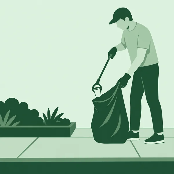 A full-figure person in a cap, gloves, light shirt and dark trousers uses a litter grabber to hold a small cup over an open cleanup sack on a paved sidewalk…